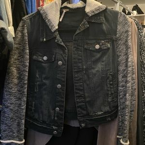 Free People Denim hooded jean jacket.  Sweatshirt material hood and sleeves.